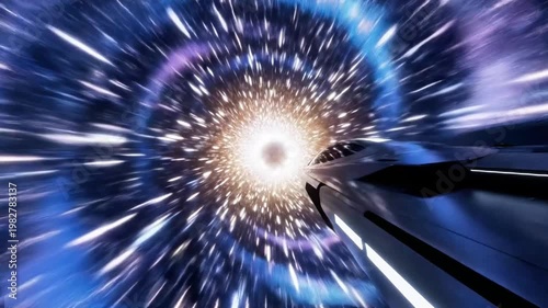 A futuristic wormhole tunnel with vibrant purple and blue light trails