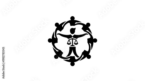 Vector Icon of People Circle Holding Hands Around Scales of Justice for Equality and Unity