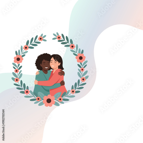 A flat vector illustration suitable for a landing page. On the left side, a stylized floral wreath containing a diverse mother and adult daughter hugging happily. The right side of the composition is 