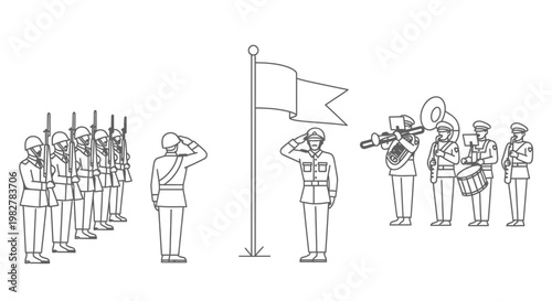 Military Parade Formation with Flag and Band