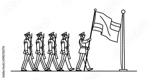 Military parade with flag bearer marching in formation, black and white line drawing.