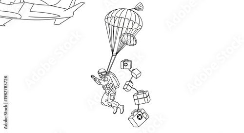 Military Paratrooper Descends with Cargo Drop from Aircraft