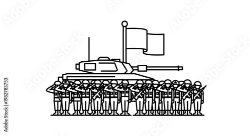 Military parade with tank and soldiers saluting, national flag flying