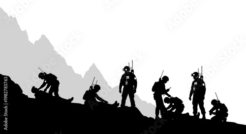 Military Rescue Mission Silhouette: Soldiers Helping Injured Comrade on Mountain Slope