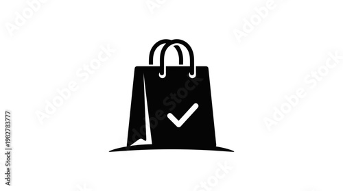 Minimalist Vector Icon of Shopping Bag with Checkmark for E-Commerce and Retail Concepts