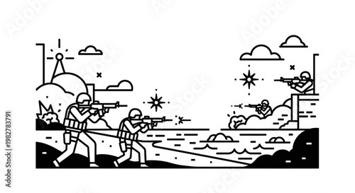 Military soldiers in combat, firing weapons on a beach with waves and clouds, line art illustration