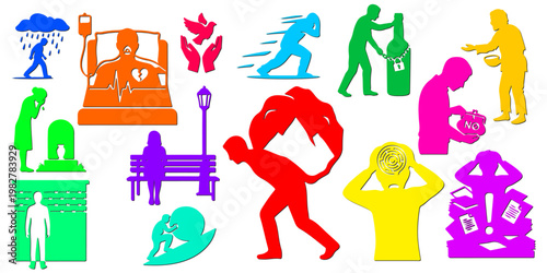 Colorful collection of social issues and mental health problems silhouettes. Bright infographic elements of people suffering from depression, addiction, poverty, stress and illness, isolated.