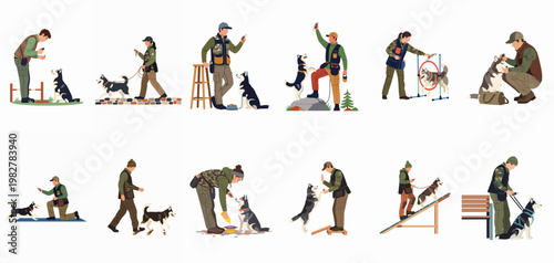 Collection of professional illustrations featuring handlers training Siberian Huskies in various obedience, agility, and daily care scenarios.