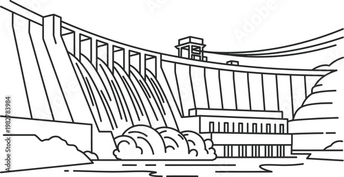 Hydroelectric dam structure showing water flowing through open spillway gates in a simple black and white line art vector illustration