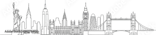 Continuous line drawing depicting famous international landmarks including the statue of liberty and big ben in a minimalist artistic style