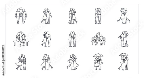 Couple Hugging and Dancing Line Art Icons: Romantic Embrace Collection