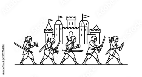Ninja Warriors Marching Towards Castle, Line Art Illustration