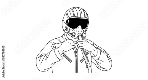 Pilot in flight suit, helmet, and oxygen mask, preparing for flight