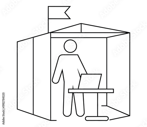 Exhibition booth with person viewing display screen, trade show presentation concept in modern flat vector style, showcasing visitor interaction, digital display panels, and marketing exhibition stand