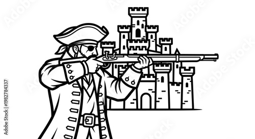 Pirate Aiming Musket at Castle