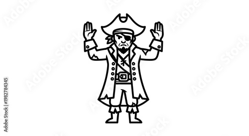 Pirate with raised hands, surrender, cartoon style, black and white