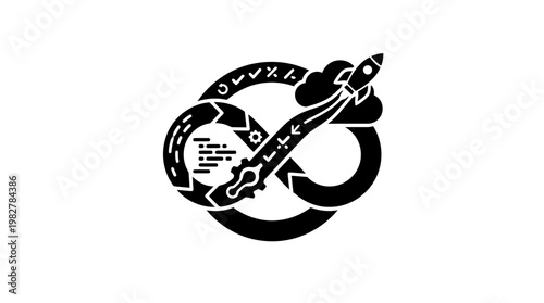 Vector Icon of Rocket Launching with Smoke and Scientific Elements in Modern Style