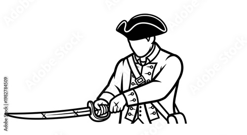 Revolutionary Soldier Drawing Sword, Historical Military Figure, Vintage Style