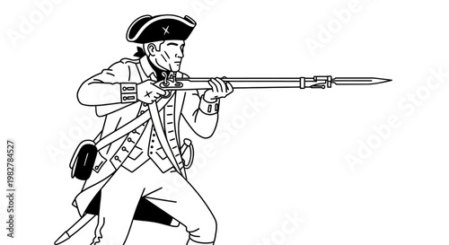 Revolutionary War Soldier Aiming Musket with Bayonet, American Patriot Fighter