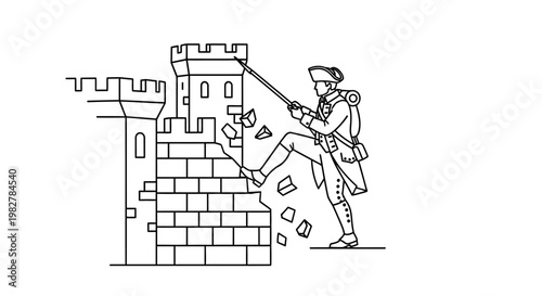 Revolutionary soldier scaling castle wall with sword, historical battle scene, American Revolution