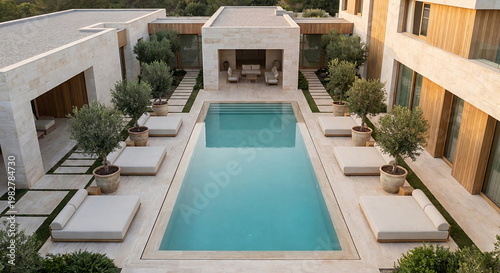 A luxurious modern villa with a swimming pool and lounge chairs, surrounded by trees and greenery, bathed in the warm glow of sunset.