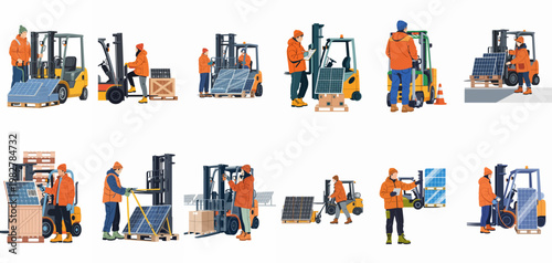 Collection of flat illustrations showing workers and forklifts handling solar panels in a warehouse logistics and renewable energy environment.