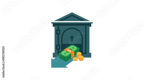 Icon of Bank Vault with Money and Coins in Vector Style