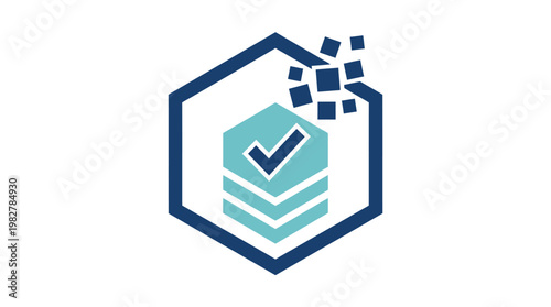 Icon of Digital Security Shield with Checkmark and Data Blocks in Modern Vector Style