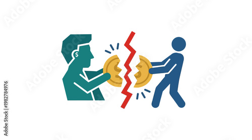 Vector Icon of Two People in Conflict with a Broken Heart and Fractured Line for Dispute Resolution