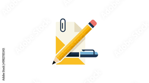 Vector Icon of Office Supplies Notebook Pencil and Paper for Business and School Use