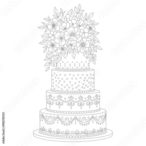 Elegant Four-Tier Wedding Cake with Floral Topper, Intricate Details