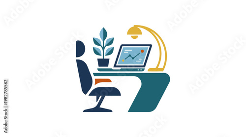 Icon of Modern Home Office Workspace With Laptop and Desk Lamp in Flat Vector Style