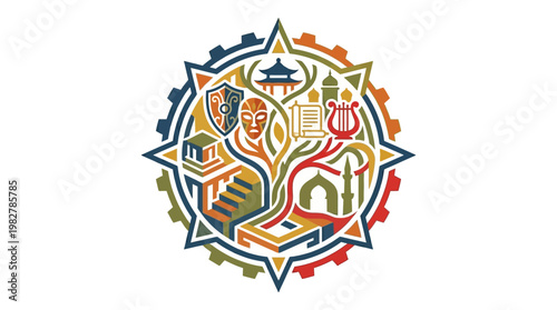 Icon of Traditional Cultural Pattern with Mythical Elements in Vintage Style