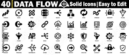 Data flow line art icons set. Representing information stream transfer and network connections for digital technology concepts, processing, and analysis vector illustration.