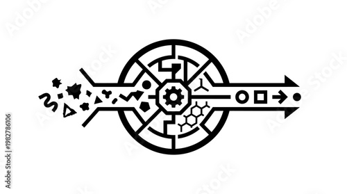 Vector Icon of Complex Gear Mechanism with Converging Paths and Technical Elements