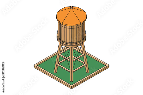 Wooden water tower on a green square base.