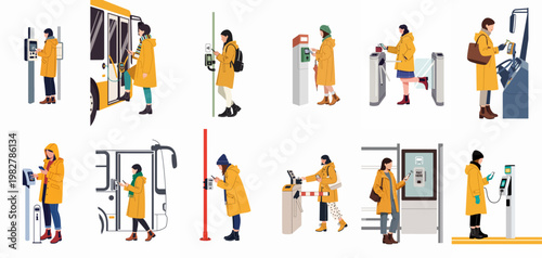 Illustrations of women in yellow coats using contactless mobile payment and NFC technology for public transportation, bus, train, subway, and various commuting services.