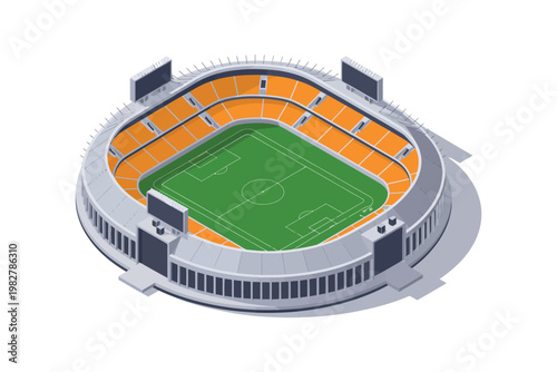 Stadium with green field and orange seating stands.