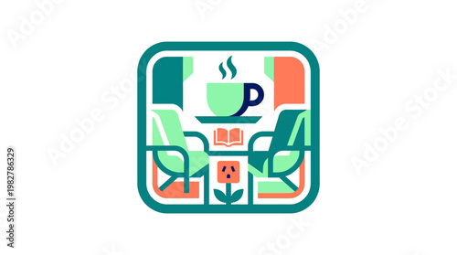 Icon of Cozy Indoor Coffee Shop Scene with Chairs and Table in Flat Vector Style