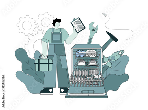 Repairman and dishwasher concept. A home appliance repairman shows a list of completed tasks