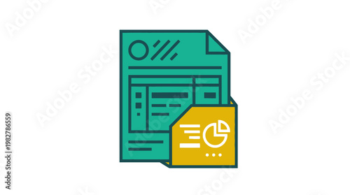 Icon of Data Report Document with Pie Chart and Graph in Flat Vector Style