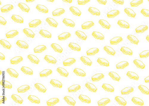 Seamless pattern of hand drawn sandwiches in doodle style. Yellow and white food background with sketch bread and layers of fillings. Perfect for cafe branding, packaging design, and restaurant