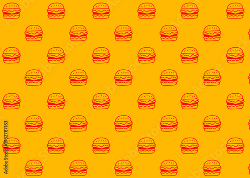 A burger illustration pattern with orange background, food packaging, menu illustration	