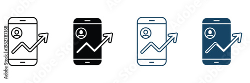 Follower growth icon set, social media engagement and analytics symbols in modern line and flat vector style, featuring increasing user count, upward arrows, and profile growth indicators