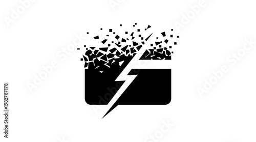 Icon of a Disrupted Battery with Lightning Bolt in Fragmented Style for Technology and Power Concepts