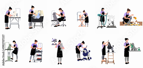 Professional Female Dog Groomer Caring for Poodles in a Pet Salon, Set of Flat Vector Illustrations on White Background