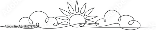 Minimalist sunrise landscape line art featuring sun clouds and horizon in simple abstract outline style for modern nature illustration design
