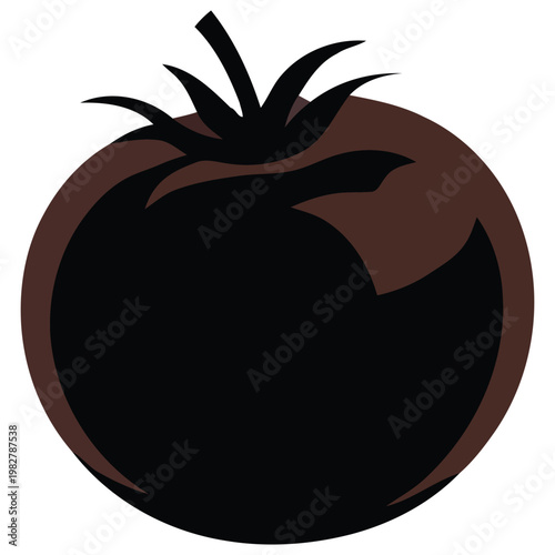 Black and white illustration of a single tomato with a green stem