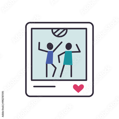 Social media post icon with party photo, flat cartoon vector illustration for online sharing and digital content theme, isolated colored clipart on white background