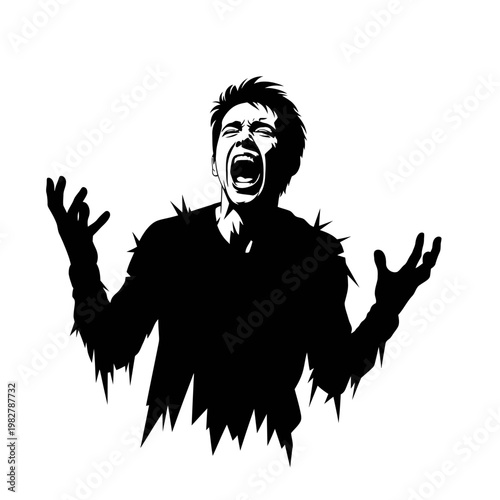 Man screaming in despair, silhouette with spiky edges, dramatic, emotional, isolated on white